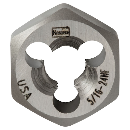 IRWIN 7229 hexagonal steel die for threading, 5/16-24NF marking, close-up on white background.