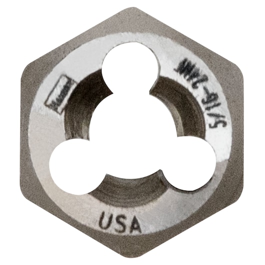 IRWIN 7229 hexagonal steel die, silver finish, close-up on white background, threading tool for pipes.