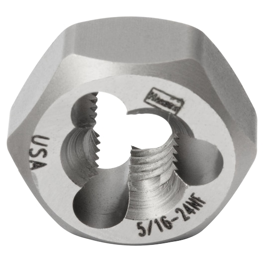 IRWIN 7229 hexagonal steel die for threading, silver finish, marked 5/16-24NF, close-up on white background.