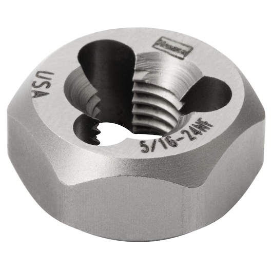 IRWIN 7229 round steel die, 5/16-24NF threading tool, close-up angled on white background.