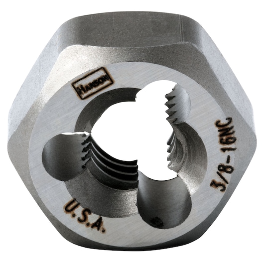 IRWIN 7234 steel hex die, front angle, silver finish, engraved size and markings visible.