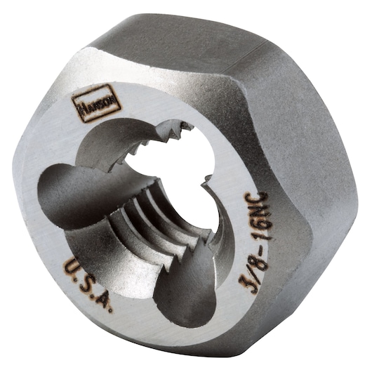 IRWIN 7234 round adjustable threading die silver metal, close-up on white background, tool for cutting threads.