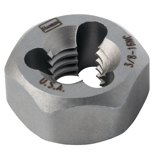 Photo of IRWIN 7234 round threading die, steel, silver finish, angled view on white background.