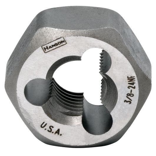 IRWIN hexagonal threading die 3/8-24NF front angle, SKU 7236, silver metal tool for threading.
