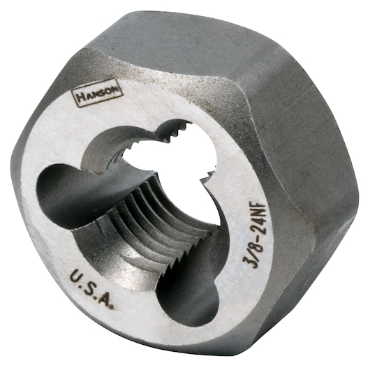IRWIN hexagonal steel die 3/8-24NF, angled close-up on white background, SKU 7236.