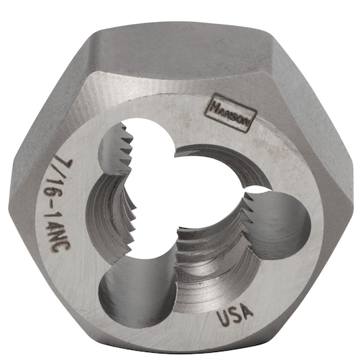 IRWIN hex die 7239, steel threading tool, close-up angle on white background.