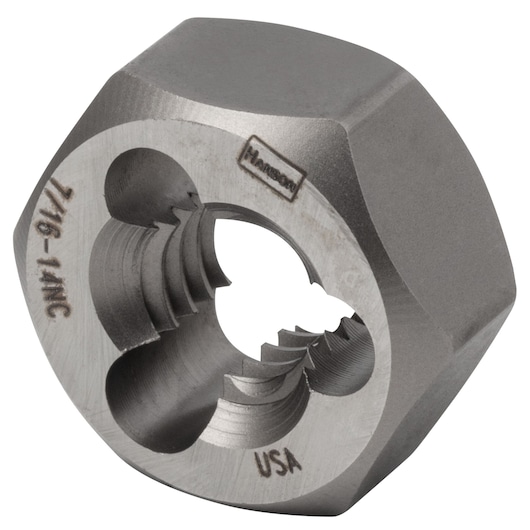 IRWIN 7239 hexagonal steel die, 7/16-14NC threading tool, close-up on white background