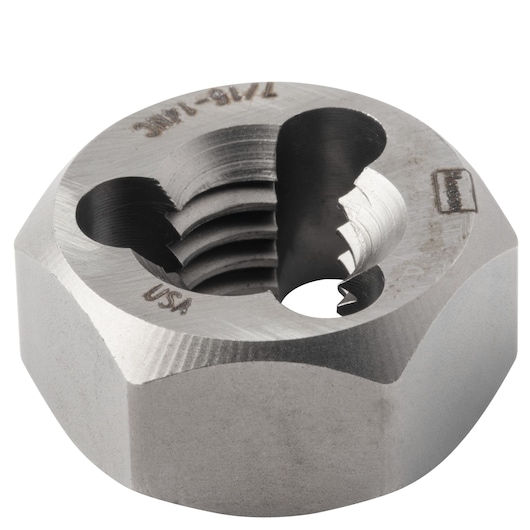 IRWIN round steel die, SKU 7239, for threading, silver finish, shown at an angle on white background.