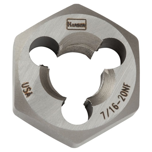 IRWIN hexagonal steel thread die 7240, top view, engraved markings including 7/16-20NF and USA.
