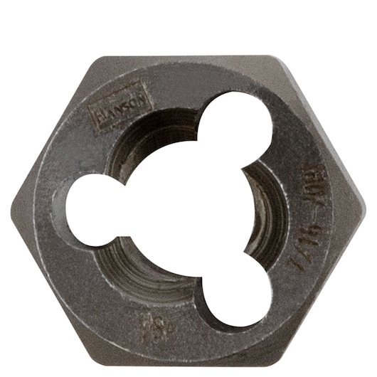 IRWIN hexagonal steel die, SKU 7240, closeup on white background, used for threading bolts.