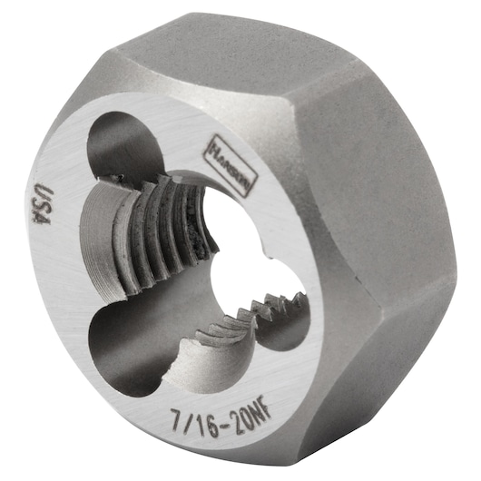 IRWIN round steel die, SKU 7240, for threading, silver finish, close-up angled view on white background.