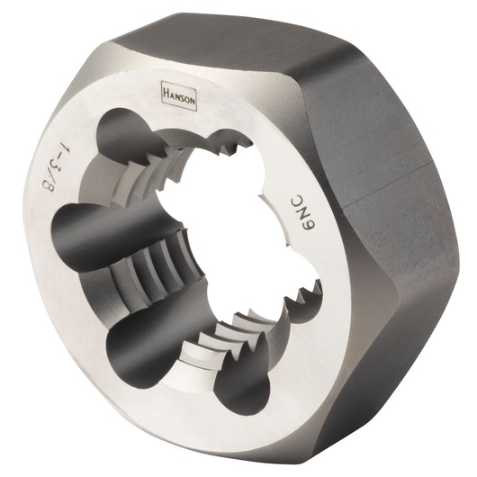 IRWIN 7272 hexagonal steel threading die, silver and black color, angled product photography.