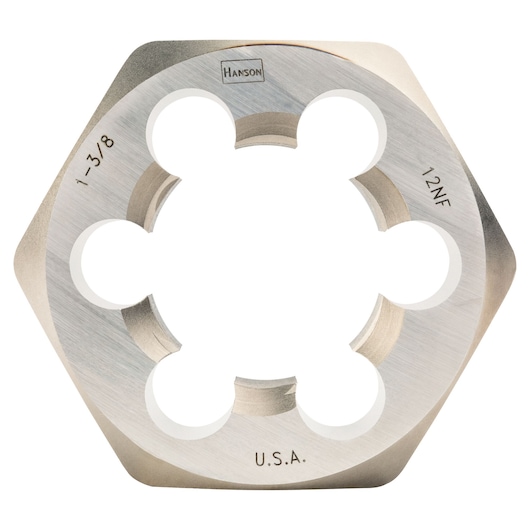 IRWIN 7273 hexagonal steel die with engraved markings, product photography, front angle.