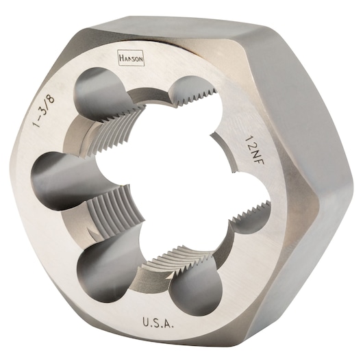 IRWIN 7273 hexagonal threading die, silver metal, photography, front angle, engraved markings visible.