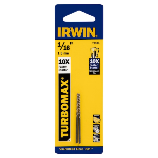 IRWIN 73304 TURBOMAX drill bit 1/16 inch, 1.5 mm, shown in retail packaging front on white background.