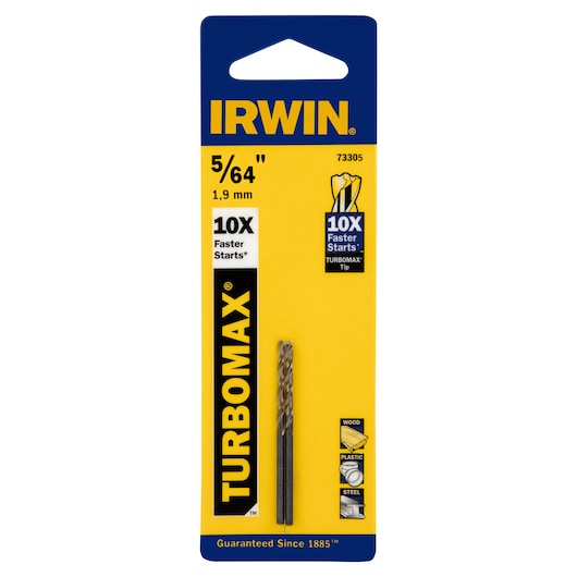 IRWIN 73305 drill bit photography, TURBOMAX tip, 5/64 inch size, yellow and blue packaging, front view.