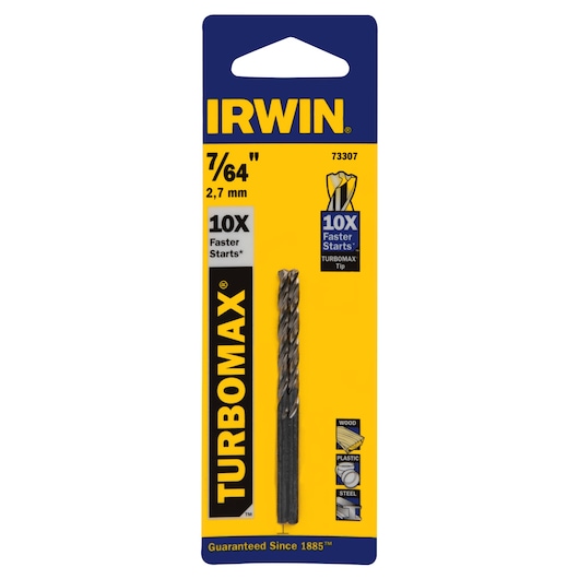 IRWIN 73307 TURBOMAX 7/64 inch drill bit in yellow and blue packaging, front view on white background.