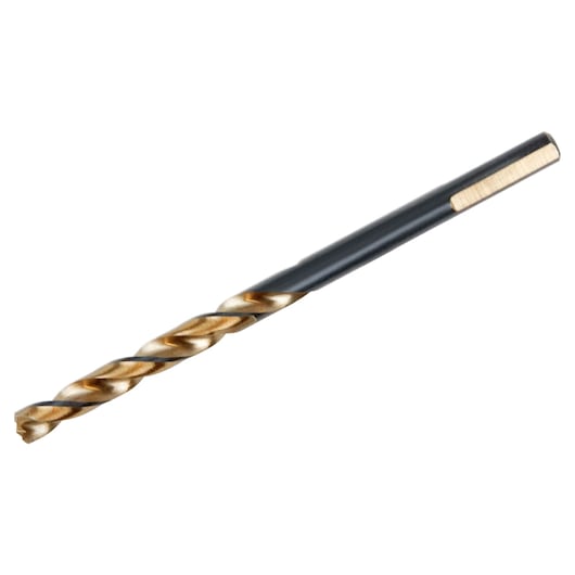 Photo of IRWIN 73314 gold and black twist drill bit, side angle on white background.