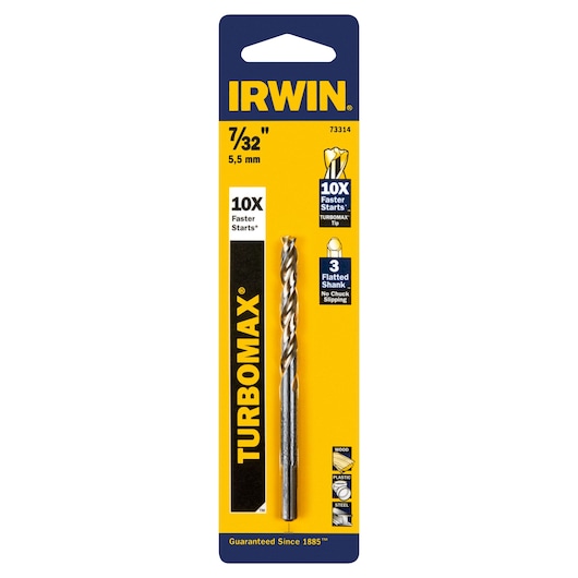 IRWIN 73314 drill bit, TURBOMAX, 7/32 inch, carded packaging, shown from front on white background.
