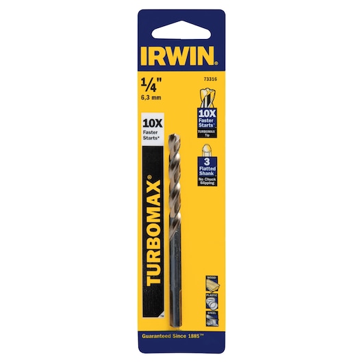 Photo of IRWIN TURBOMAX 1/4 inch drill bit 73316, yellow and blue packaging, straight angle on white background.