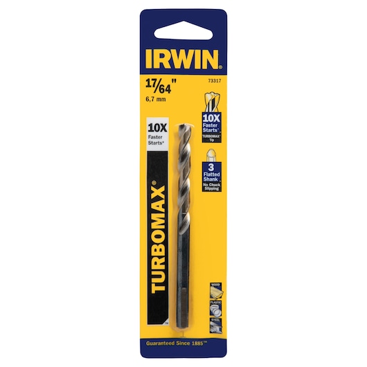 IRWIN 73317 TURBOMAX drill bit, 17/64 inch size, photography of front packaging with yellow and blue design.