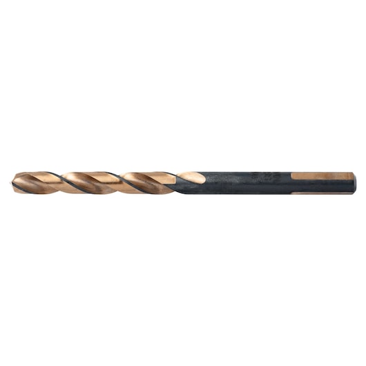 Photo of IRWIN 73319 metal drill bit with gold and black finish, side view on white background.