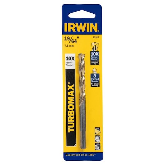 IRWIN 19/64 inch TURBOMAX drill bit in yellow and blue packaging, front angle, SKU 73319.