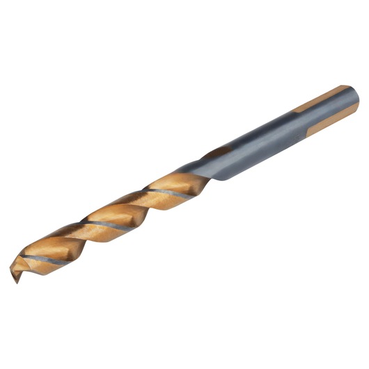 IRWIN 73321 titanium drill bit, gold and silver finish, side angle on white background