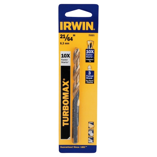 IRWIN 73321 TURBOMAX drill bit 21/64 inch, gold and black, front angle, in retail packaging.