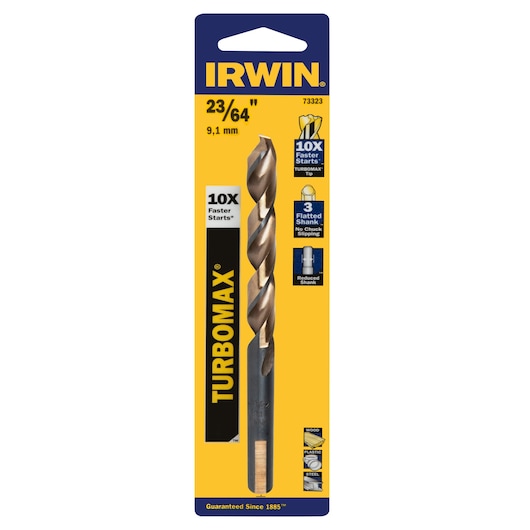IRWIN TURBOMAX 23/64 inch drill bit in yellow and blue packaging, SKU 73323, front view.