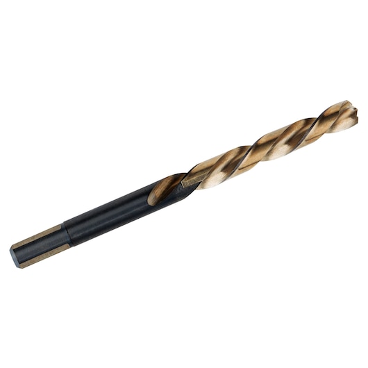 IRWIN 73625ZR hex shank twist drill bit, gold and black finish, side angle, on white background.