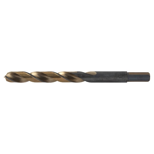 Photo of IRWIN 73628ZR drill bit with gold finish, straight shank, side angle on white background.