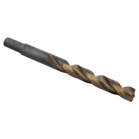 Photo of IRWIN 73628ZR gold and black twist drill bit, angled on white background.