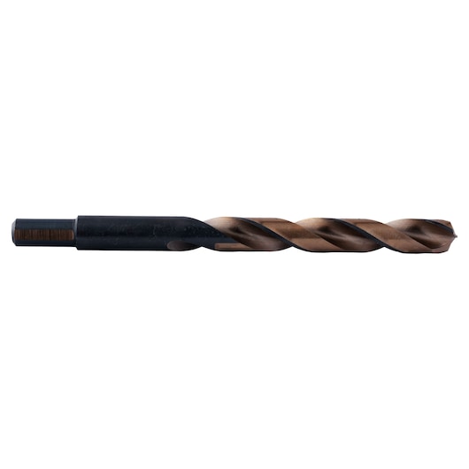 IRWIN 73630ZR black and gold metal drill bit, side view on white background.