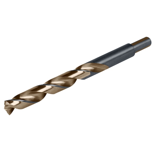 Photo of IRWIN 73632 metal drill bit with gold and black finish, side angle, on white background.
