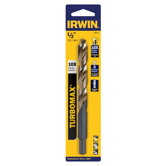 IRWIN 73632 TURBOMAX 1/2 inch drill bit in retail packaging, titanium coating, front view on white background.