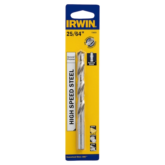 IRWIN 73825 high speed steel drill bit for general purpose, wood, plastic, steel, front angle on white.