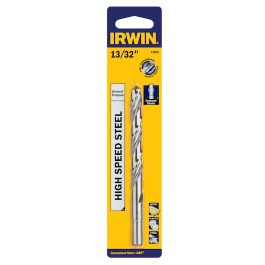 IRWIN 13/32 inch high speed steel drill bit in yellow and blue packaging, SKU 73826, front angle.