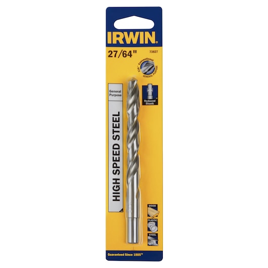 IRWIN 73827 high speed steel drill bit 27/64 inch in retail packaging, photo front angle on white background.
