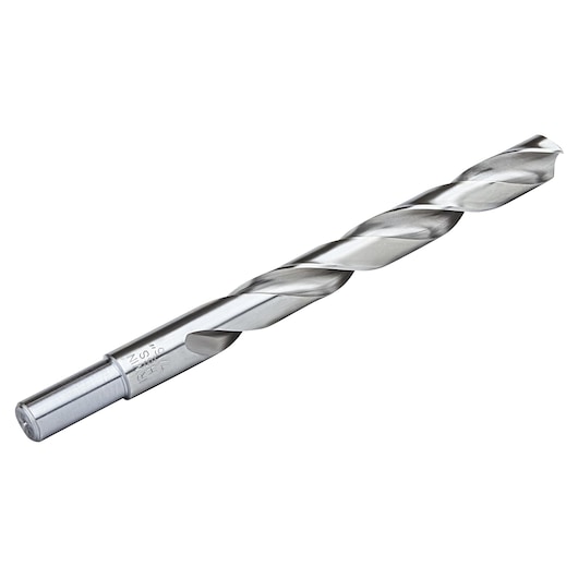 IRWIN 73828 silver twist drill bit, side angle, metal finish, photography of single bit on white background.