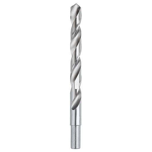 IRWIN 73828 silver metal drill bit, straight shank, photography, front angle on white background
