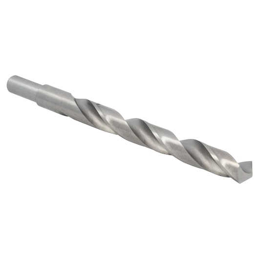 IRWIN 73830 silver metal twist drill bit, right side angle, plain background.