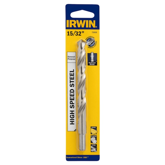 IRWIN 73830 high speed steel drill bit, 15/32 inch, general purpose, front angle on white background