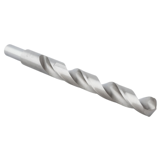 IRWIN 73831 silver metal twist drill bit, side angle, on white background.