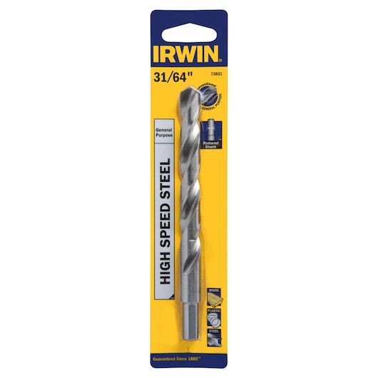 IRWIN 73831 high speed steel drill bit in retail packaging, 31/64 inch size, front angle on white background.