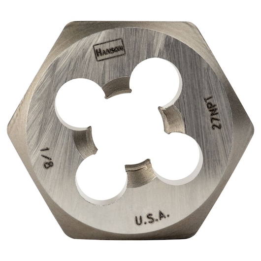 Photo of IRWIN 7402 hexagonal steel threading die, engraved with size 1/8-27NPT, front view on white background.