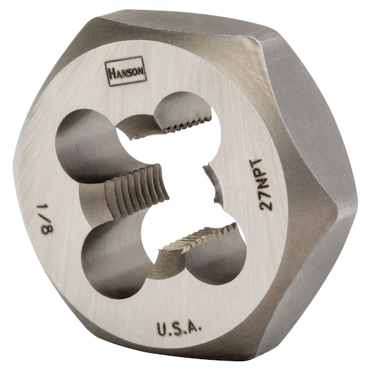 IRWIN 7402 hexagonal steel threading die, silver metal finish, close-up angle on white background.