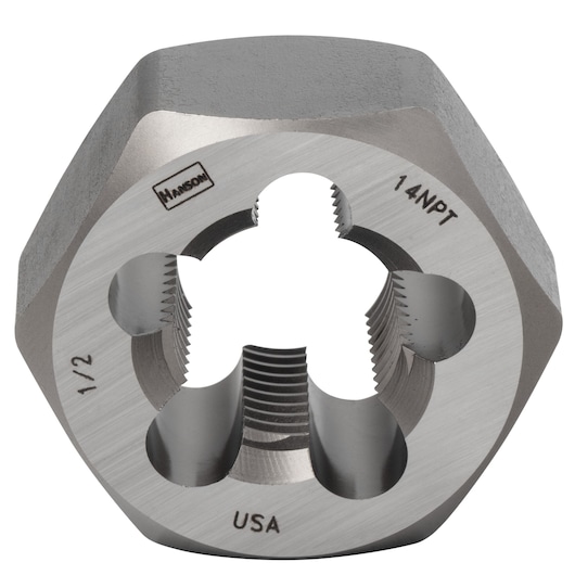 Photo of IRWIN 7405 hexagonal steel threading die, front angle, engraved with size 1/2 14NPT and USA marking.