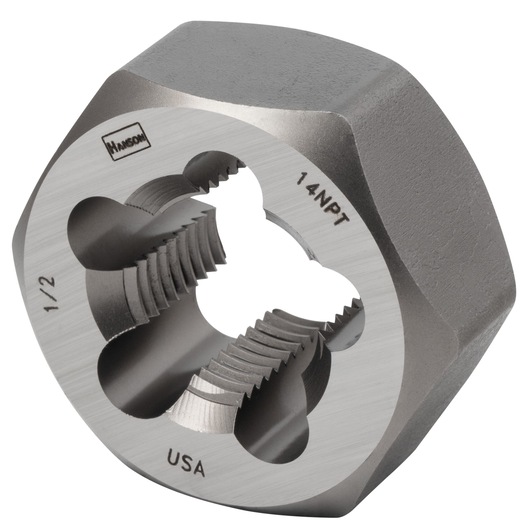 IRWIN 7405 round steel die for pipe threading, 1/2 inch 14-NPT size, close-up on white background.