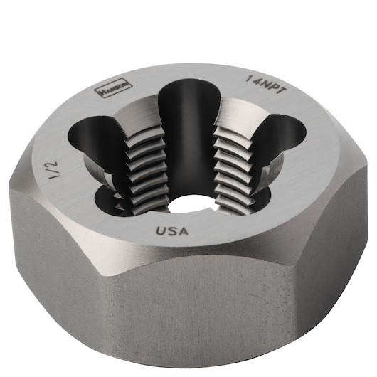 IRWIN round metal die 7405 for threading, close-up angled view on white background.